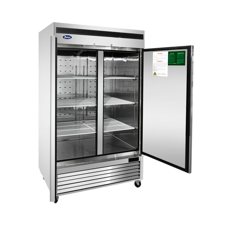 atosa mcf8507gr stainless upright fridge cooler glass 2 door 448 cuft front doors open