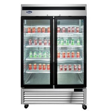 Atosa MCF8507GR Stainless Upright Fridge Cooler Glass 2 Door 44.8 CuFt Front Lights On