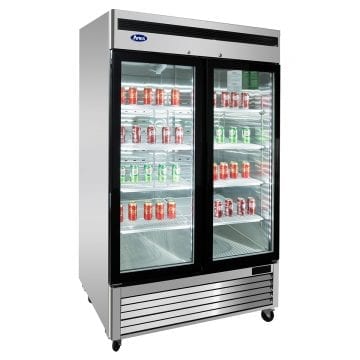 Atosa MCF8507GR Stainless Upright Fridge Cooler Glass 2 Door 44.8 CuFt Side Front with Drinks and Lights