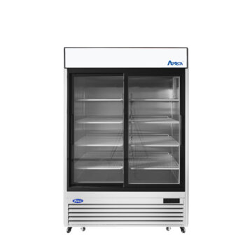 Front view fridge cooler with glass sliding doors and 4 shelves inside