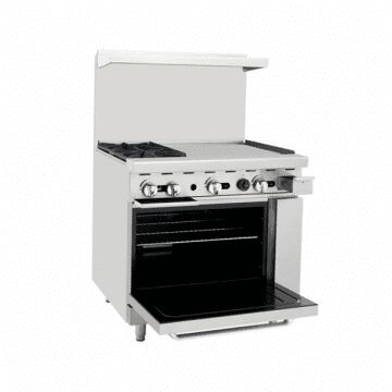 Atosa AGR2B24G 36" Gas Range (2)Burners 24" Right Griddle (1) 26-1/2" Oven Side Front Door Open