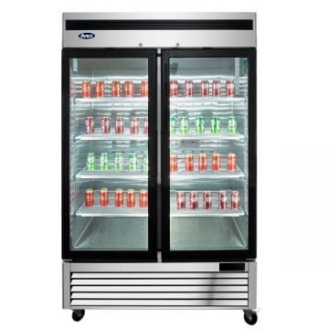Atosa MCF8707GR Stainless Upright Fridge Cooler Glass 2 Door 44.8 CuFt Front Lights On
