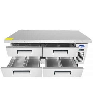 Atosa MGF8454GR Chef Base 76" Extended Top with 72" Cabinet Refrigerated Front Top Drawers Open