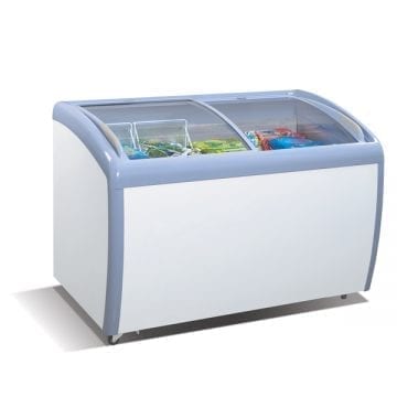Atosa MMF9109 Angled Curved Glass Top Chest Freezer 9 CuFt Front Side