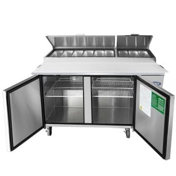Atosa MPF8202GR 67" Pizza Wings Preparation Table Fridge Cooler Front Doors and Covers Open