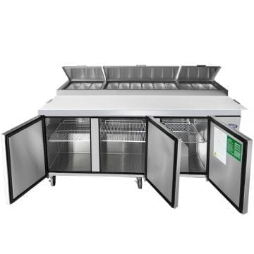 Atosa MPF8203GR 93" Pizza Wings Preparation Table Fridge Cooler Front Doors and Covers Open
