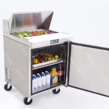 Atosa MSF8301GR 27" Sandwich Salad Preparation Table Fridge Cooler Front Side Door and Tray Cover Open