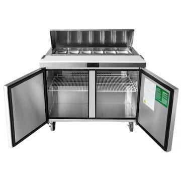 Atosa MSF8303GR 60" Sandwich Salad Preparation Table Fridge Cooler Front Doors and Cover Open