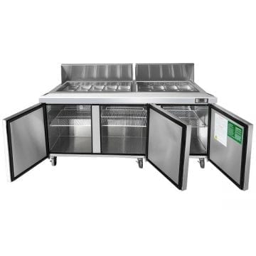 Atosa MSF8304GR 72" Sandwich Salad Preparation Table Fridge Cooler Front Doors and Covers Open