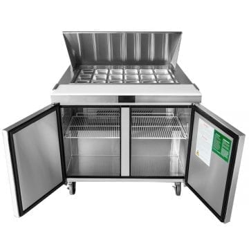 Atosa MSF8306GR 48" Mega Top Sandwich Preparation Table Fridge Cooler Front Doors and Cover Open