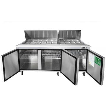 Atosa MSF8308GR 72" Mega Top Sandwich Preparation Table Fridge Cooler Front Doors and Covers Open