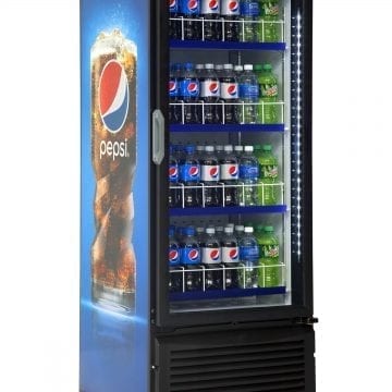 QBD CD12 Single Door Upright Fridge Cooler 12 CuFt Side Front Pepsi Wrap and Stock