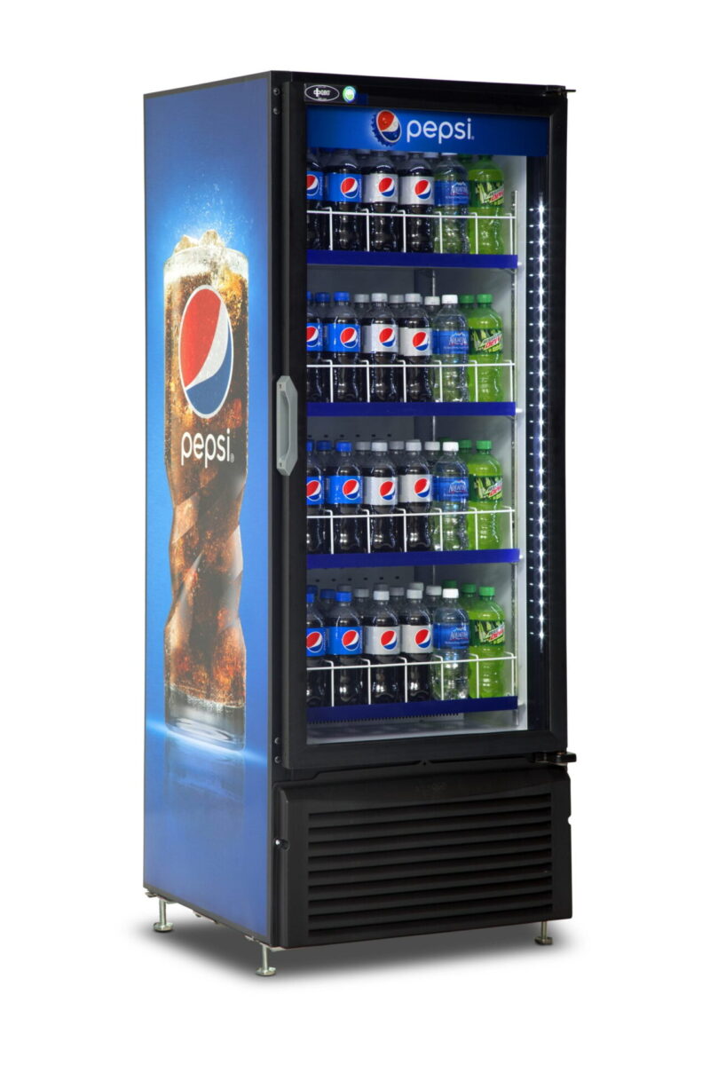 qbd cd12 single door upright fridge cooler 12 cuft side front pepsi wrap and stock