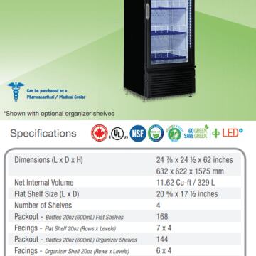 QBD CD12 Single Door Upright Fridge Cooler 12 CuFt Specifications
