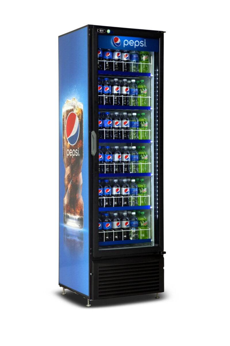 qbd cd20 single door upright fridge cooler 15 cuft side front pepsi wrap and stock