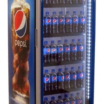 QBD CD20 Single Door Upright Fridge Cooler 15 CuFt Side Front Pepsi Wrap and Stock