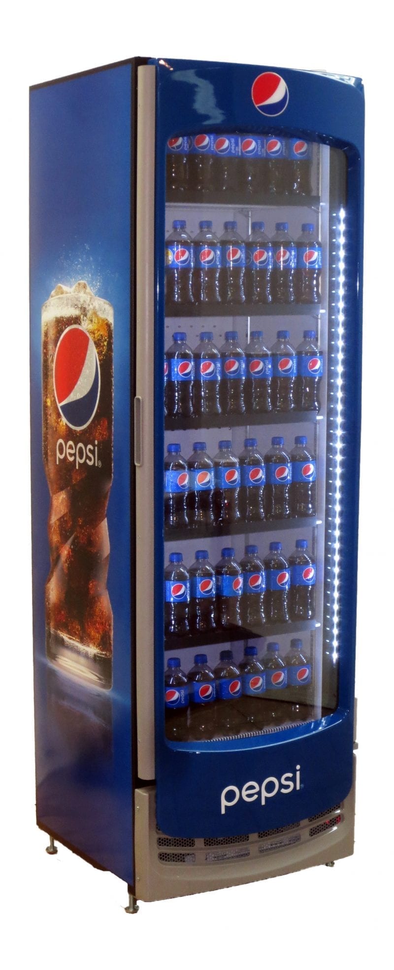 qbd cd20 single door upright fridge cooler 15 cuft side front pepsi wrap and stocked