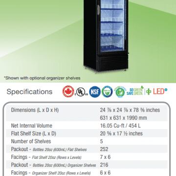 QBD CD20 Single Door Upright Fridge Cooler 15 CuFt Specifications