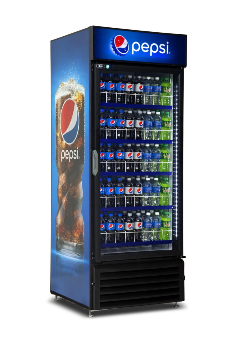 qbd cd26 single door upright pop juice fridge cooler 23 cuft side front pepsi wrap and stock