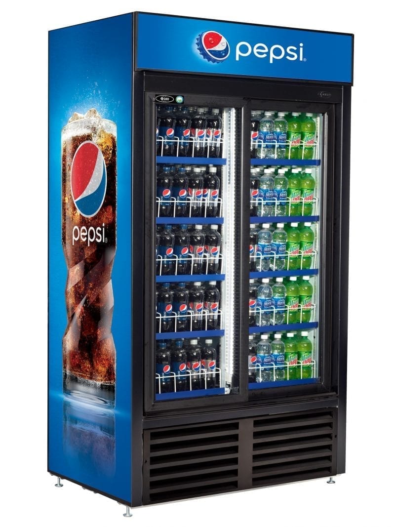 qbd cd38 double sliding door upright pop juice fridge cooler 31 cuft side front pepsi wrap and stock