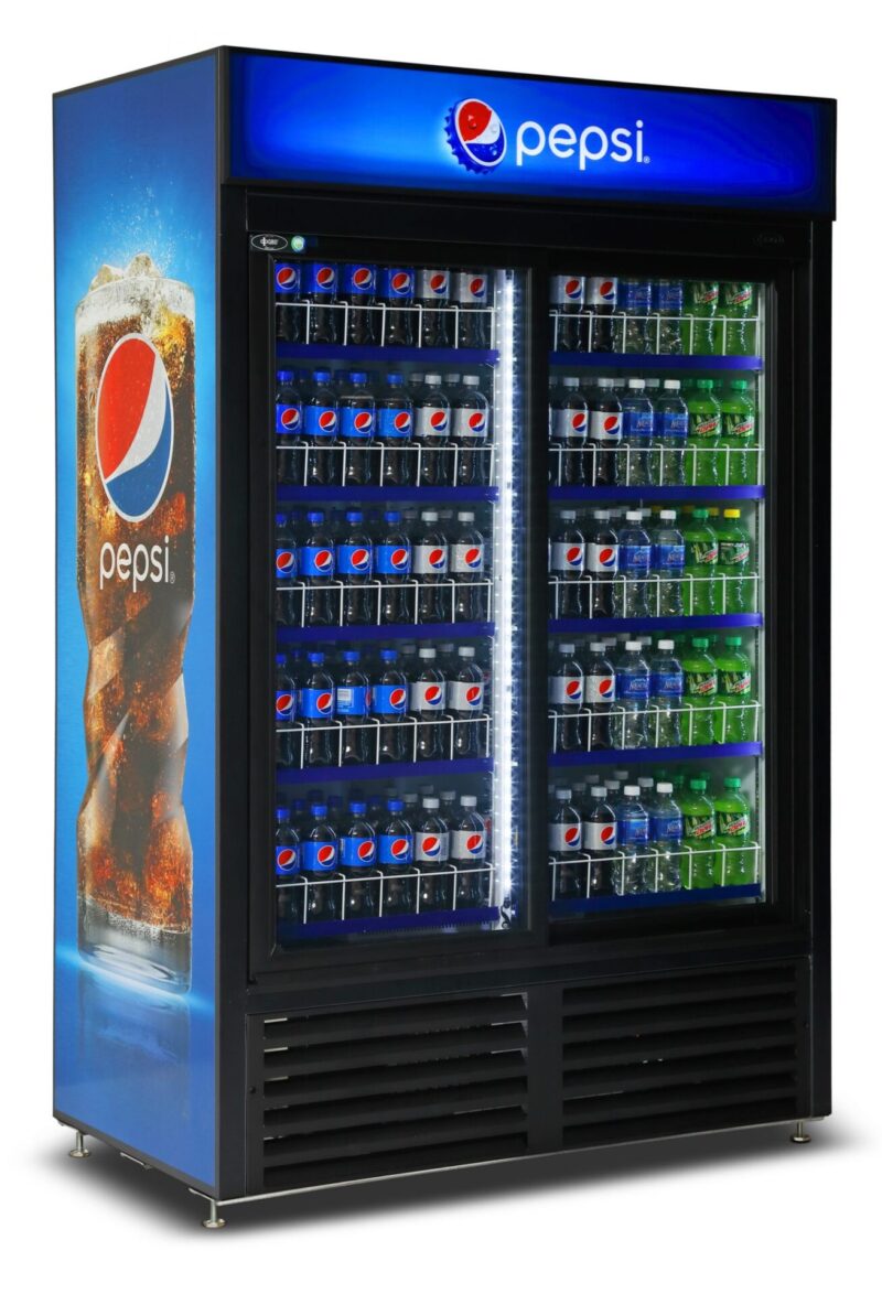 qbd cd45 sliding 2 door upright pop juice fridge cooler 40 cuft side front pepsi wrap and stock