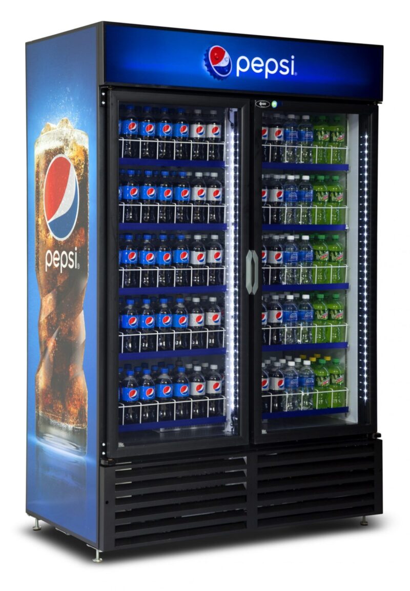 qbd cd47 double hinged door upright pop juice fridge cooler 42 cu ft side front pepsi wrap and stock