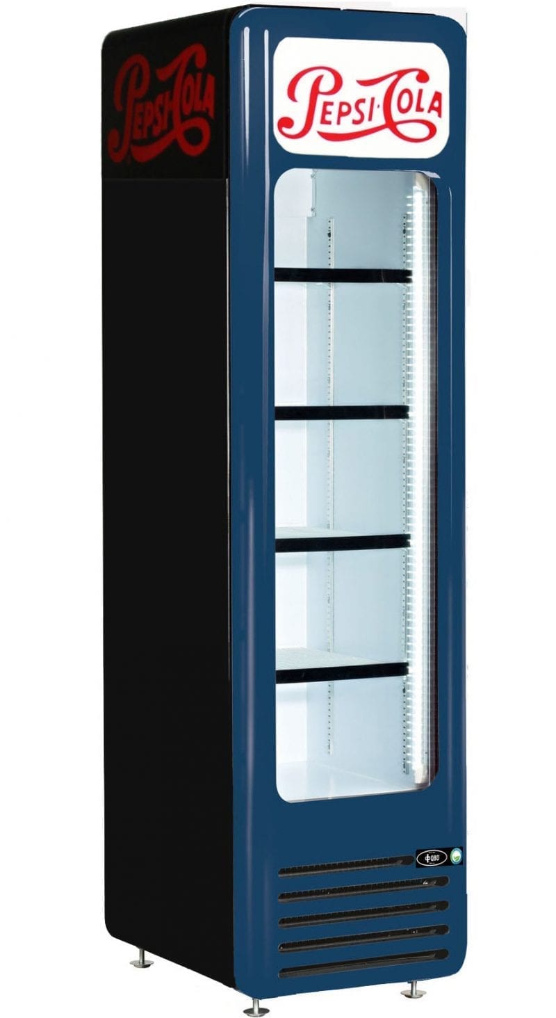 qbd pc8 single door upright fridge cooler 10 cuft side front pepsi cola wrap blue door