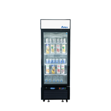 Front view of a commercial freezer with 1 closed door and beverages on the internal shelves