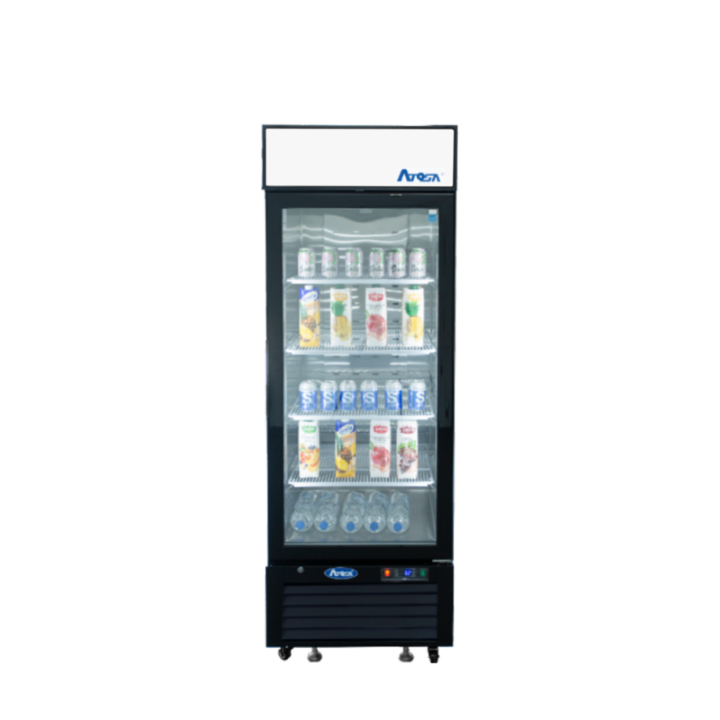 Front view of a commercial freezer with 1 closed door and beverages on the internal shelves