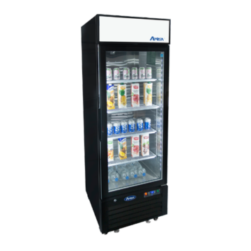 Angled view of the left side of a commercial freezer with 1 closed door and beverage containers on the shelves inside