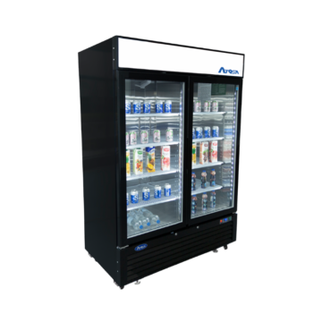 Angled view of the left side of a commercial cooler with 2 closed doors and beverage containers arranged on the interior shelves