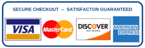 Image of credit cards accepted: Visa, Mastercard, Discover, Amex