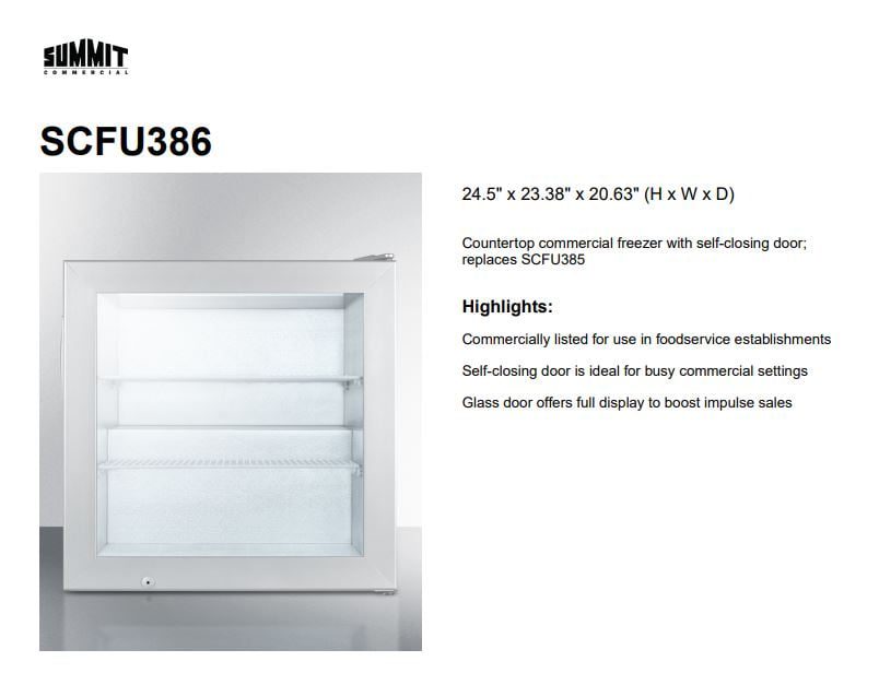 Summit SCFU386 Countertop Upright Commercial Display Freezer 2.0 CuFt Dimensions and Highlights