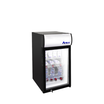 Angled view of a countertop fridge with one closed door and beverages inside