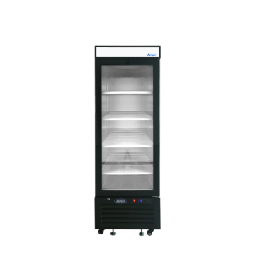 Front view of a commercial fridge with 1 door that is closed and shelves on the inside