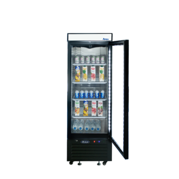 Front view of a commercial fridge with 1 door that is open and beverage containers on the shelves inside