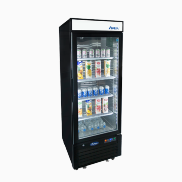 Angled view of the left side of a commercial fridge with 1 closed door and beverage containers on the shelving inside