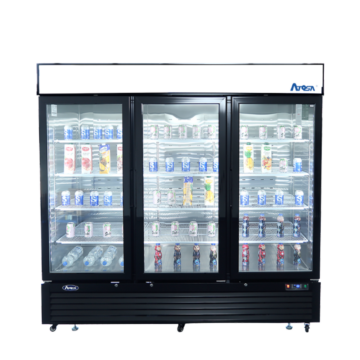 Front view of a commercial freezer with 3 doors that are closed and beverage containers spread out on the interior shelves
