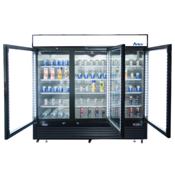 Front view of a commercial freezer with 3 doors opened and beverage containers arranged on the shelves inside
