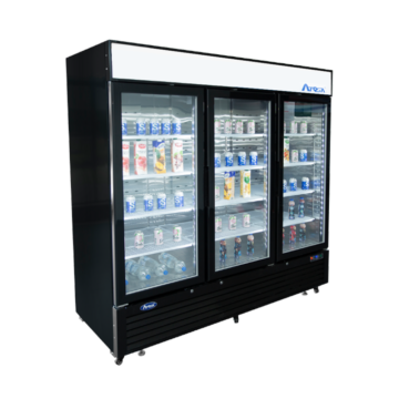 Angled view of the left side of a commercial freezer with 3 closed doors and beverage containers on the shelving inside