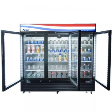 Atosa MCF8728 Black Upright Display Freezer Glass 3 Door 68 CuFt Front Doors Open