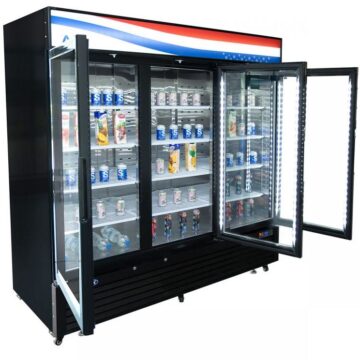 Atosa MCF8728 Black Upright Display Freezer Glass 3 Door 68 CuFt Front Side Doors Open
