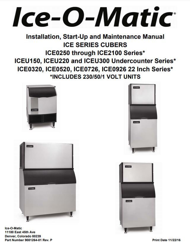 Ice-O-Matic ICEU220 Undercounter Ice Cube Machine Maker & Bin 238 Installation Start-Up and Maintenance Manual lbs