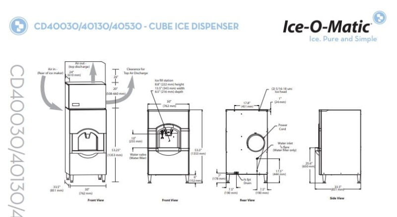 ice o matic cd40030 hotel ice cube dispenser 30 w x 53 h drawings