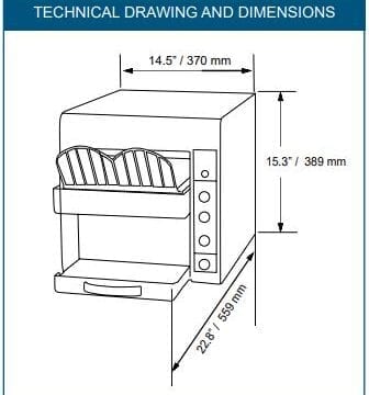 Omcan 11385 Countertop Stainless Steel Toaster 9-5/8" Conveyor Belt Drawings