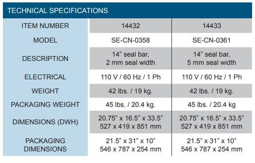 Omcan 14432 Hands Free Packaging Impulse Sealer 14" bar & 2mm seal Specifications