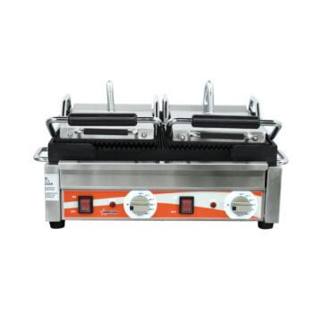 Omcan 19937 Double Panini Grill Grooved Top & Bottom 10" x 18" Front Lids Closed