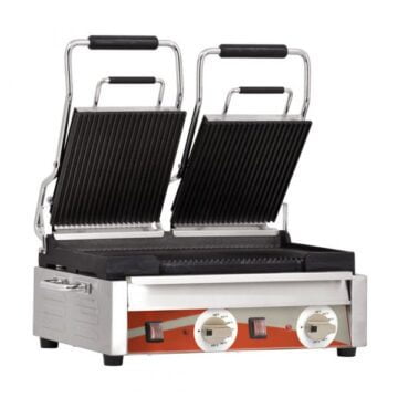 Omcan 19937 Double Panini Grill Grooved Top & Bottom 10" x 18" Side Front Lids Open