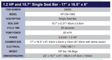 Omcan 24083 Floor Model Heavy Duty Vacuum Packaging Machine 15.7" bar Specifications