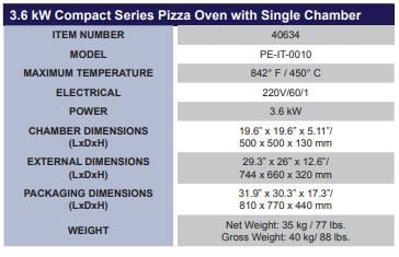 Omcan 40634 Single Chamber Pizza Oven Entry Max Series 3.6KW Specifications
